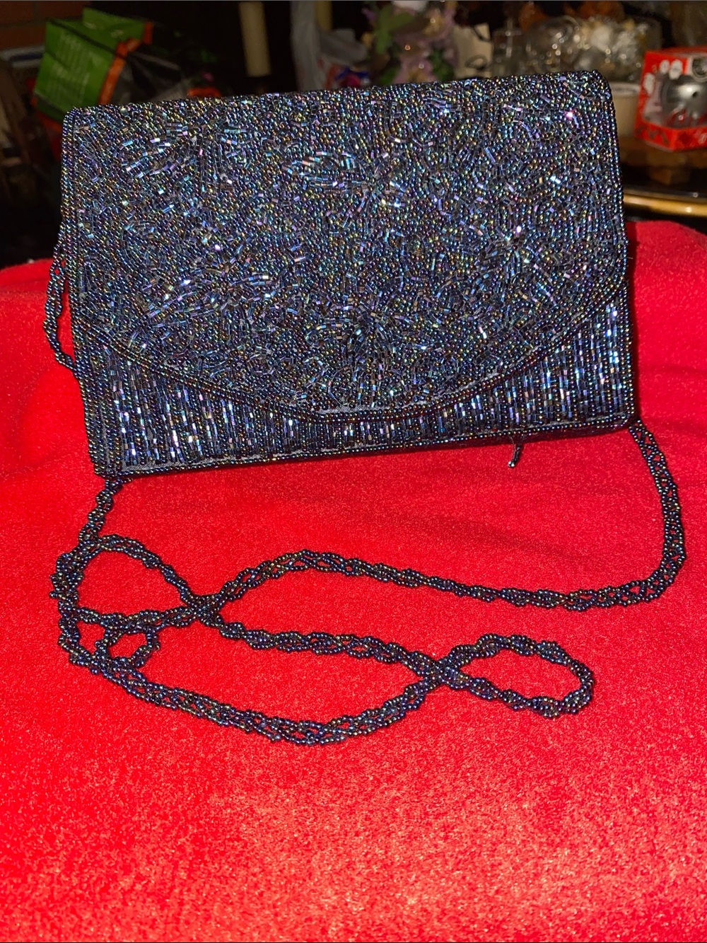 Vintage La Regale Beautiful Beaded Black Evening Clutch with Chain Strap